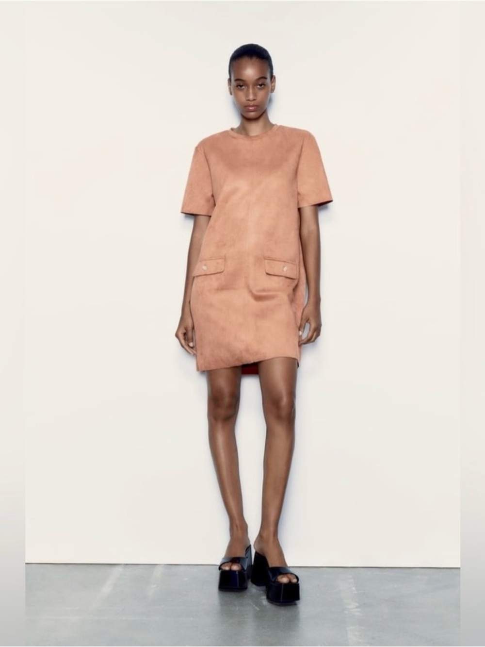 Zara Dusty Peach Suede-Look Shift Dress